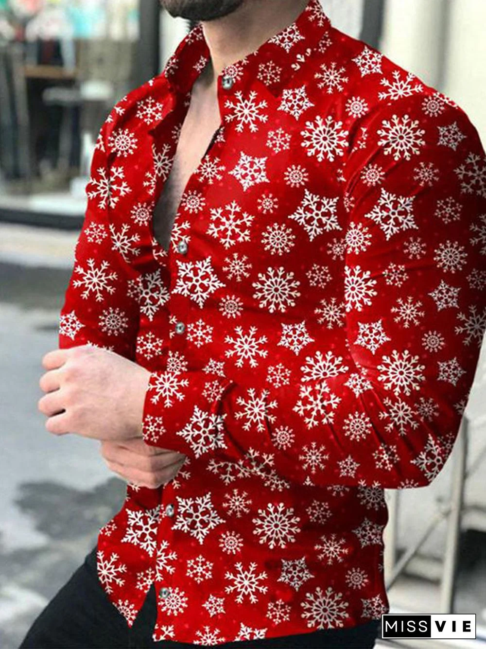 Men Long Sleeve V-neck Christmas Graphic Printed Buttons Shirts