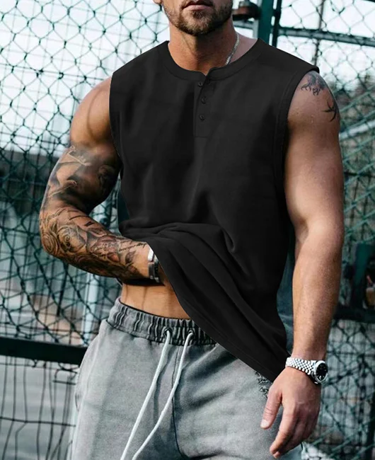 Sporty Solid Color Henry Neck Breathable Sleeveless Tank Top Okaywear