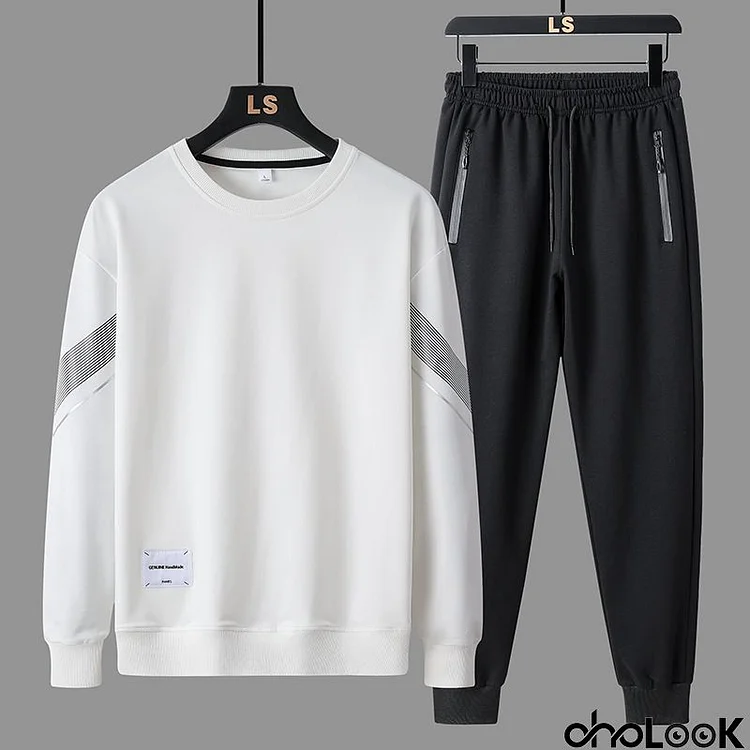 Men Spring Autumn Leisure Sports Stripe Long Sleeve Sweatshirts Pants Plus Size Sets