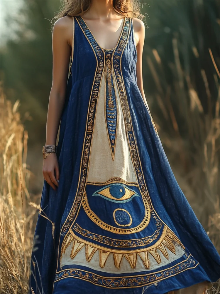 Eye Of Horus Ancient Egyptian Embroidered Flowy Linen Maxi Dress