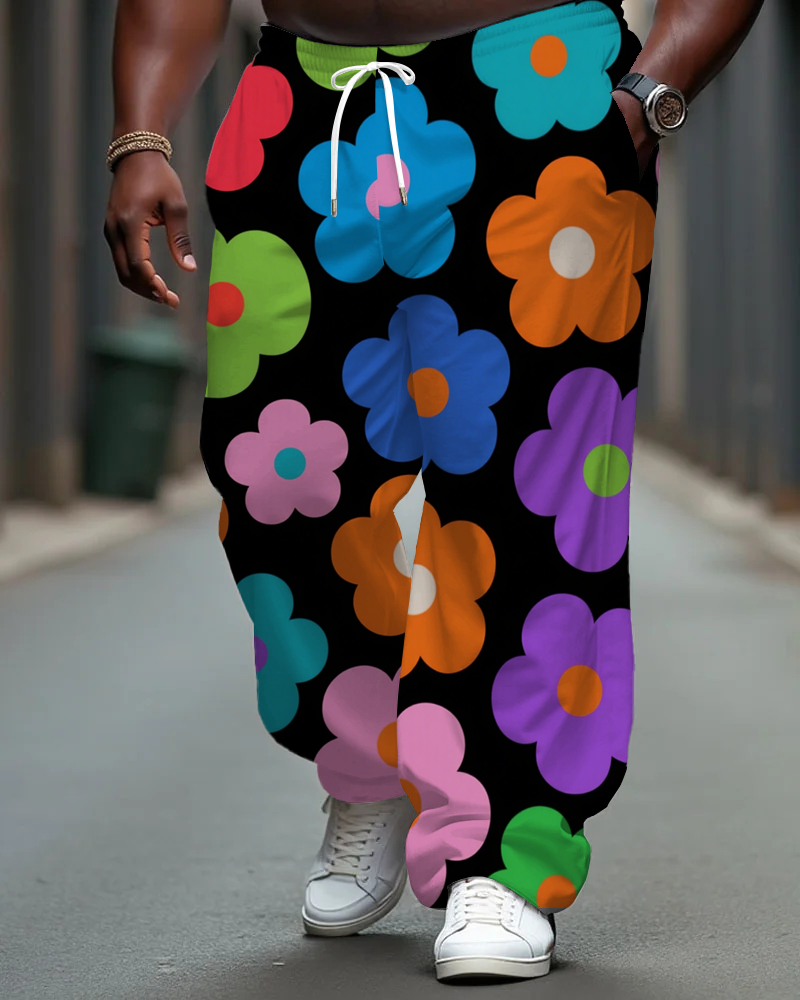 Men's Cartoon Colorful Flower Printed Big and Tall Pants with Pockets & Drawstring