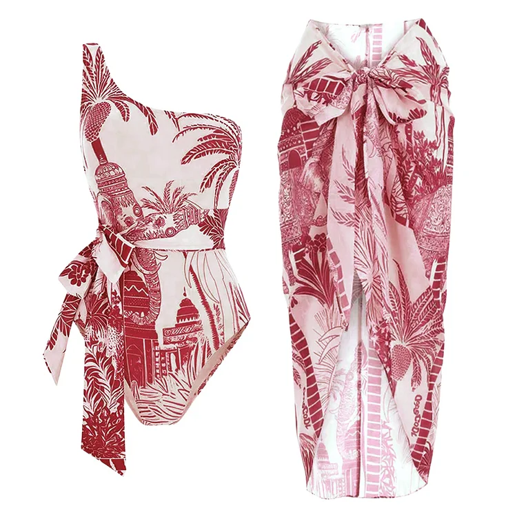 One Shoulder Coconut Palm Print One Piece Swimsuit and Sarong