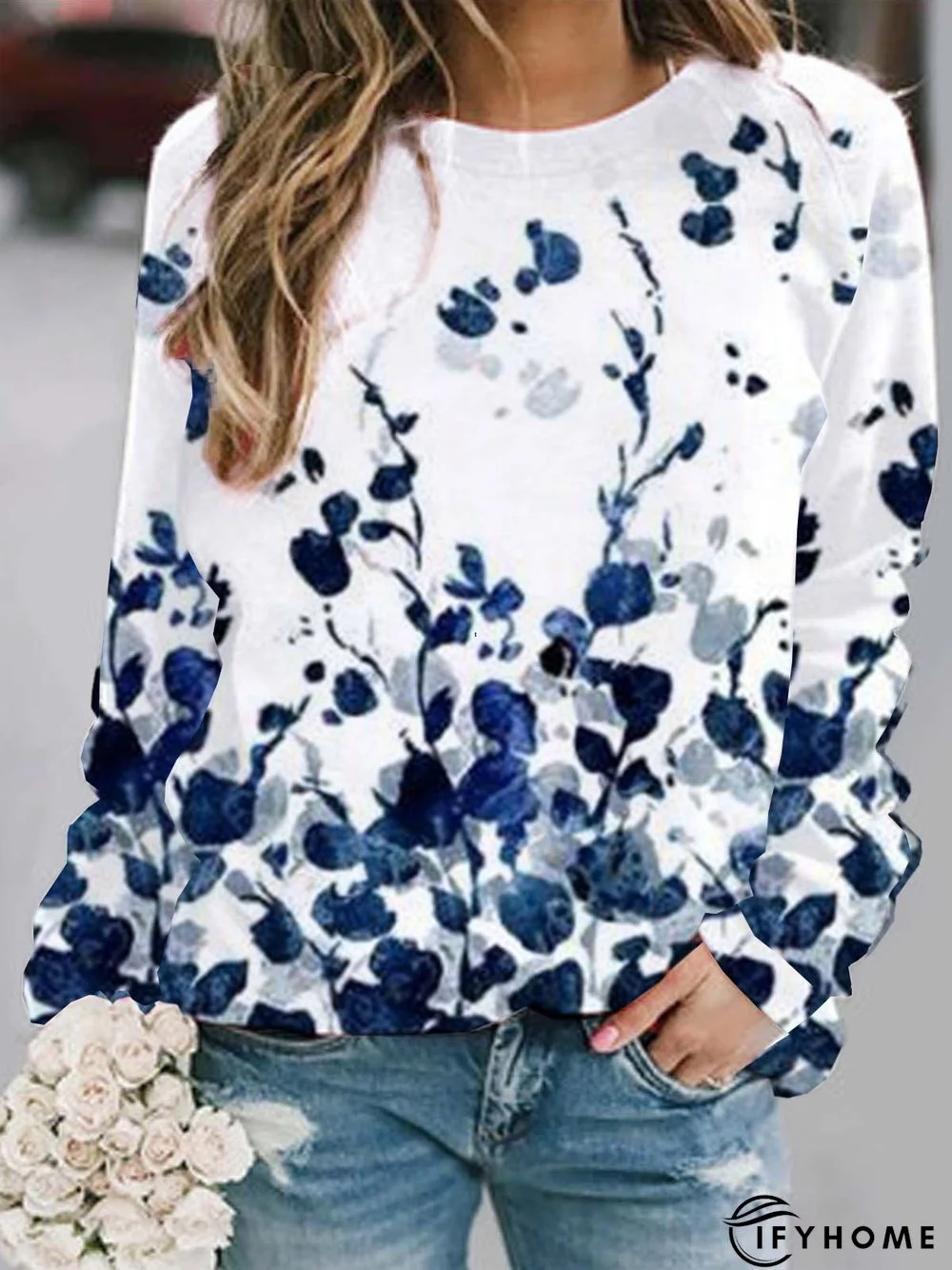 Holiday Long Sleeve Crew Neck Floral Sweatshirt | IFYHOME