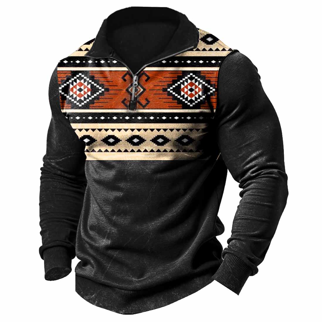 Men's Vintage Western Ethnic Style Aztec Quarter-Zip Stand Collar Long Sleeve Sweatshirt