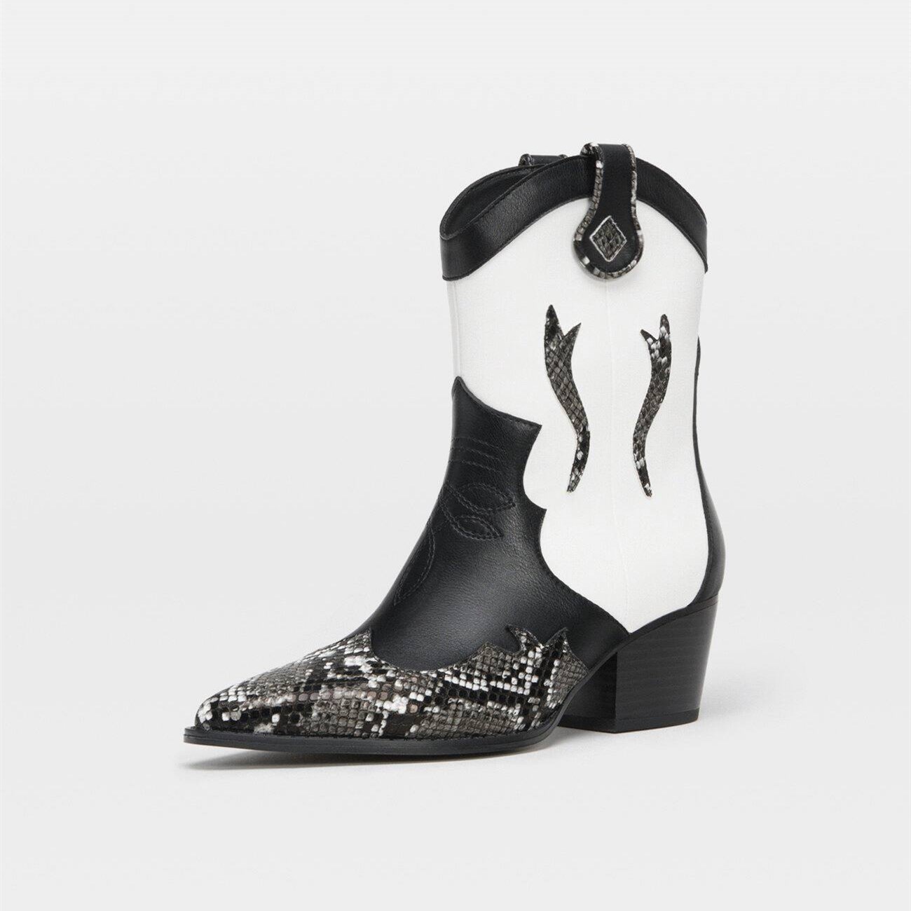 Black and White Block Heel Python Booties Fashion Cowgirl Boots