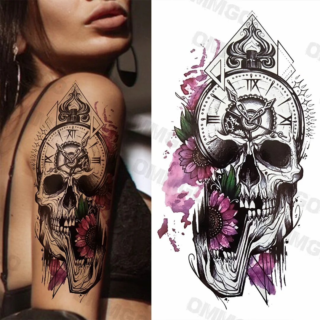 Sdrawing Rose Flower Skeleton Temporary Tattoos For Women Adult Girl Lion Tiger Crown Fake Tattoo Body Art Painting Tatoo Decal