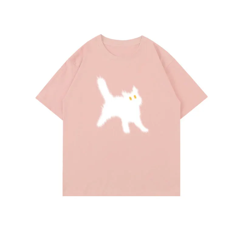 Cartoon Cat Print Round Collar Oversized T-Shirt