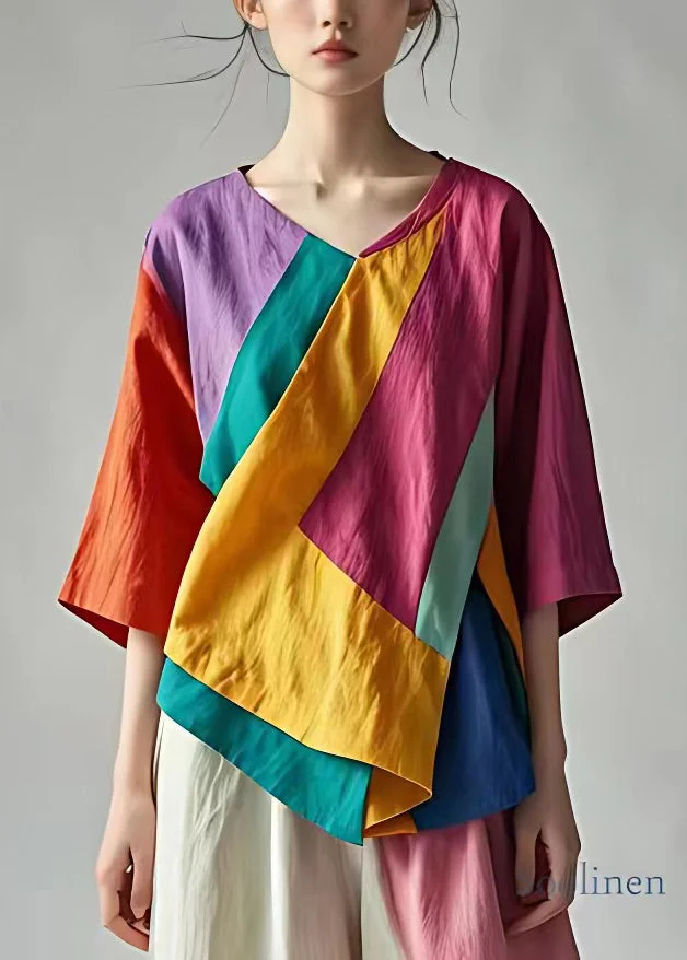 Bohemian Photo Color V Neck Patchwork Linen Tops Half Sleeve