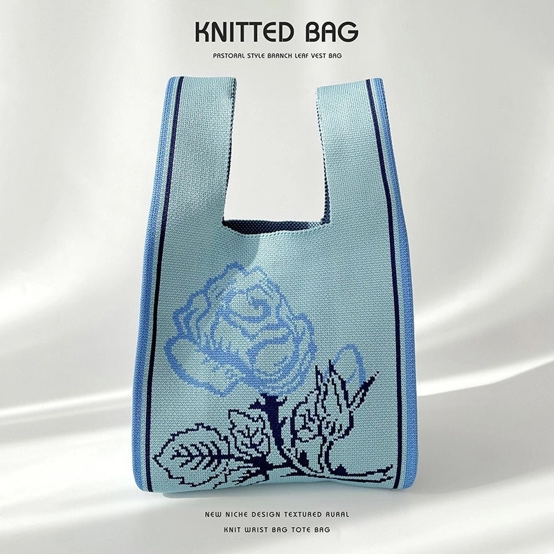 Women’s Medium Knit Letter Flower Cute Vintage Style Square Open Handbag