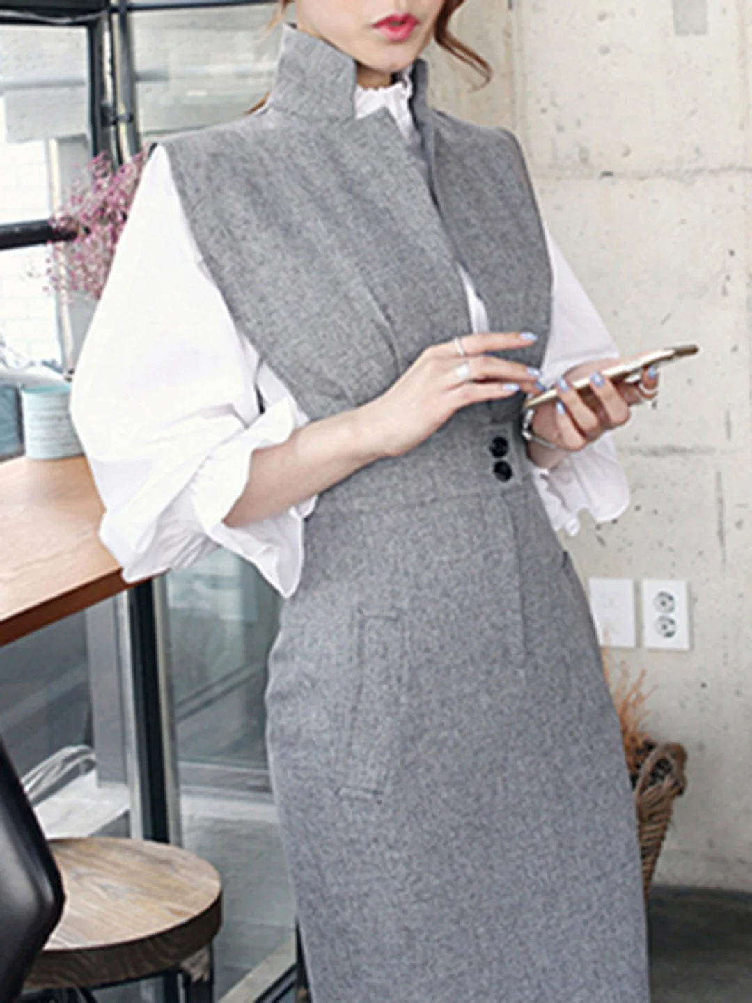 Stand Collar Gray Bodycon Work Elegant Midi Dress