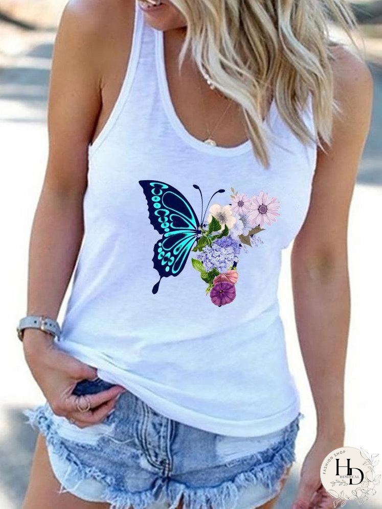Crew Neck Butterfly Print Vest