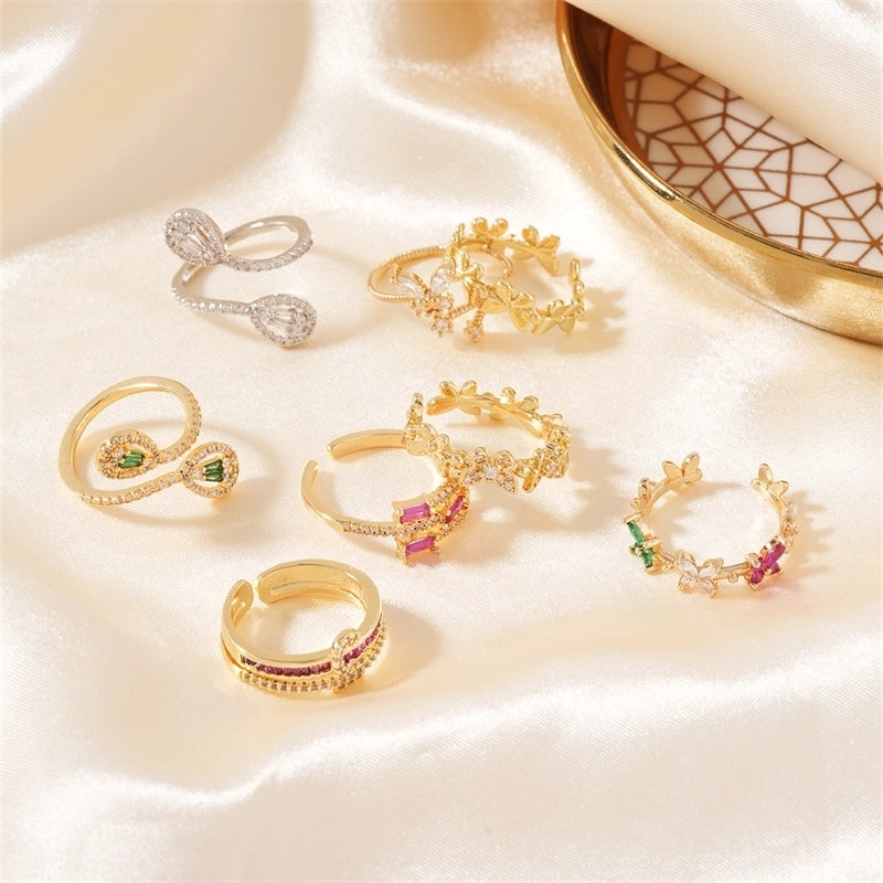 Copper K Gold Plated Cute Sweet Artistic Inlay Butterfly Zircon Open Rings