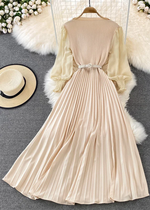 Apricot O-Neck Chiffon Sashes Long Pleated Dress Long Sleeve