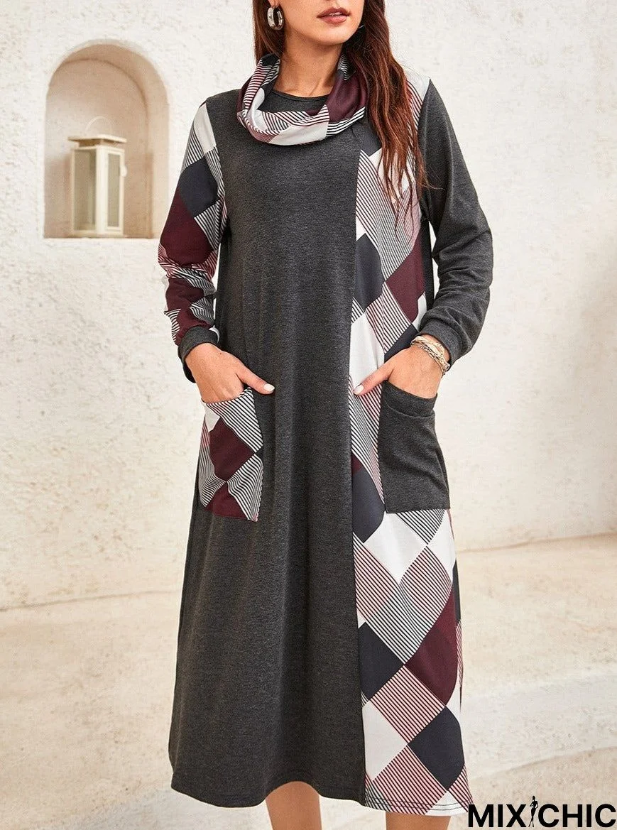 Ladies Plaid Pattern Stitching Neck Scarf Long Sleeve Dress