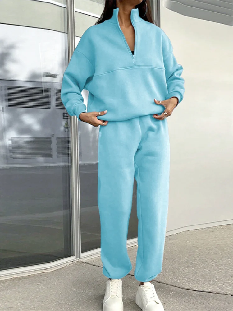 Women's Casual Loose Pullovers Zippers Elastic Waist Trousers Sweatshirt Tracksuit Sets