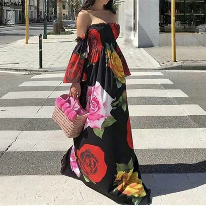 Women Elegant Tunic High Waist Elastic Chiffon Floral Print Off Shoulder Maxi Dress Bohemian Beach Long Dresses Vestidos
