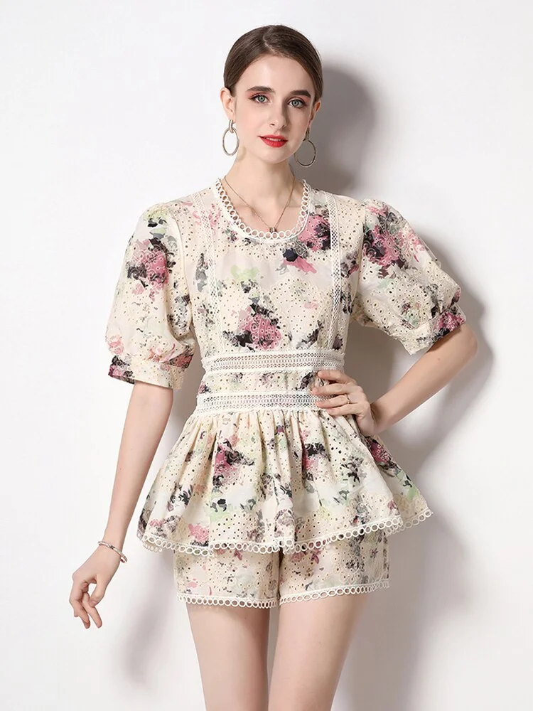 Toloer 2 Pieces Set 2022 Summer Women Puff Sleeve Hollow Out Embroidery Flowers Ruffles Tops and Wide Leg Shorts Suit S8375