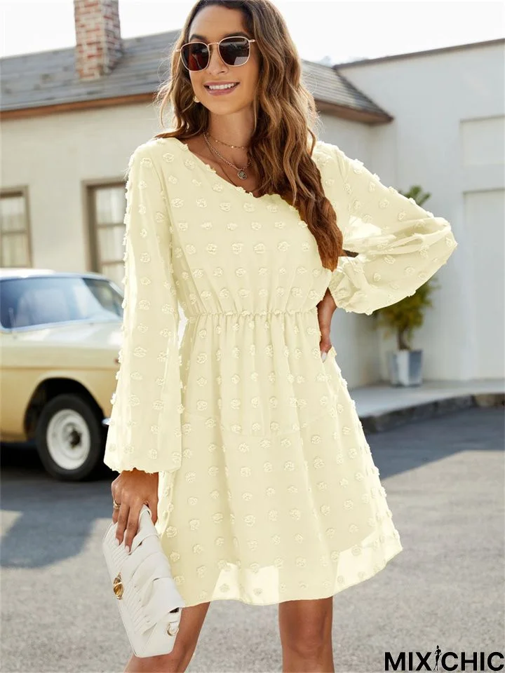 Dot A-Line Skirt Ruffled V-Neck Casual Loose Short Dress