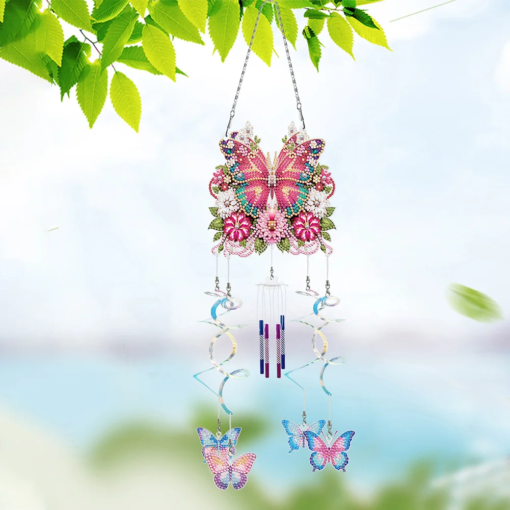 DIY Flower Butterfly Double Sided Diamond Painting Wind Chime for Window Decor