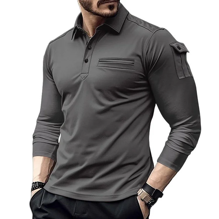 Men's Solid Color Pocket Long Sleeve Polo Shirt 20971835Y