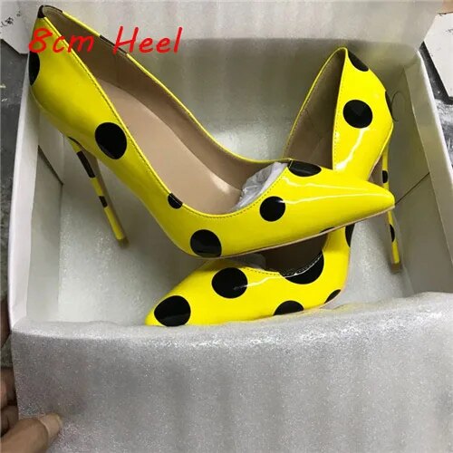 VCshoes Yellow With Black Dot 12cm High Heel Stiletto Shallow Pointed Toe Shoes Party Nightclub Women's Shoes QP071