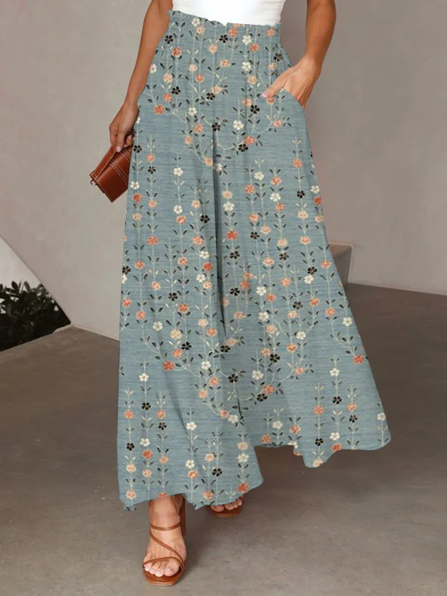 Women's Retro Ditsy Floral Print Elastic Waist Pocket Pants