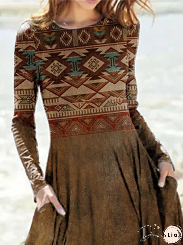 Casual Dress Ethnic Dress Swing Dress Midi Dress Yellow Long Sleeve Geometric Pocket Winter Fall Autumn Crew Neck Vacation Winter Dress Fall Dress S M L XL XXL 3XL for Women