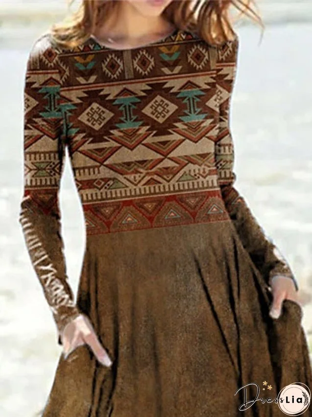 Casual Dress Ethnic Dress Swing Dress Midi Dress Yellow Long Sleeve Geometric Pocket Winter Fall Autumn Crew Neck Vacation Winter Dress Fall Dress S M L XL XXL 3XL for Women