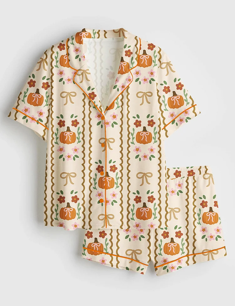 Women&rsquo;s Coquette Fall Retro Fall And Halloween Pumpkin Coquette Bows Flowers Print Short Sleeve Satin Pajama Set