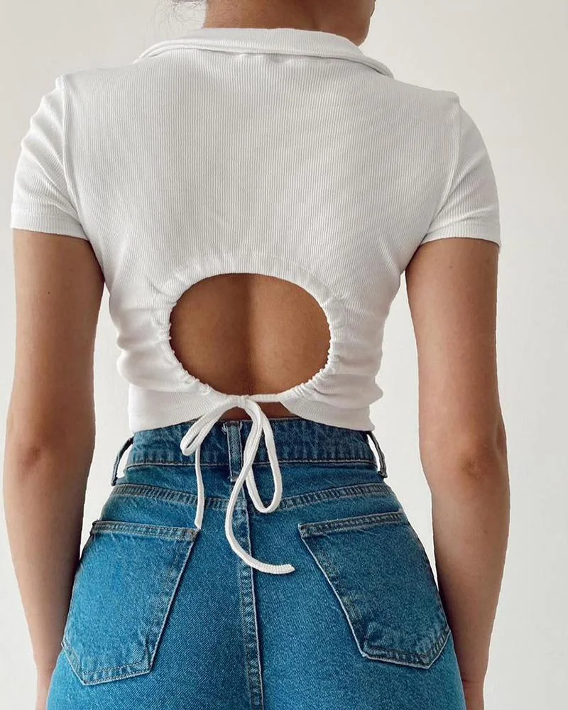 Plain Drawstring Cutout Short Sleeve T-shirt