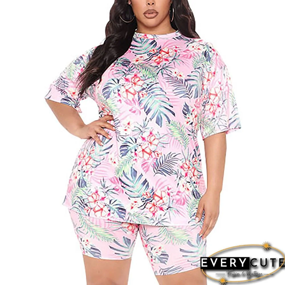 Light Pink Floral Print Loungewear Plus Size Set