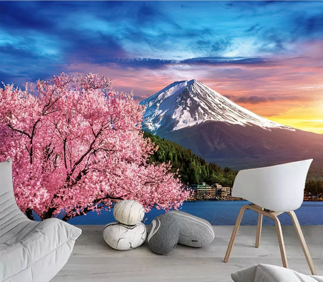Japanese Cherry Blossoms Mount Fuji Landscape Wall Hanging Tapestry Ancient Palace With Moon Nature Scendry Home Wall Blanket
