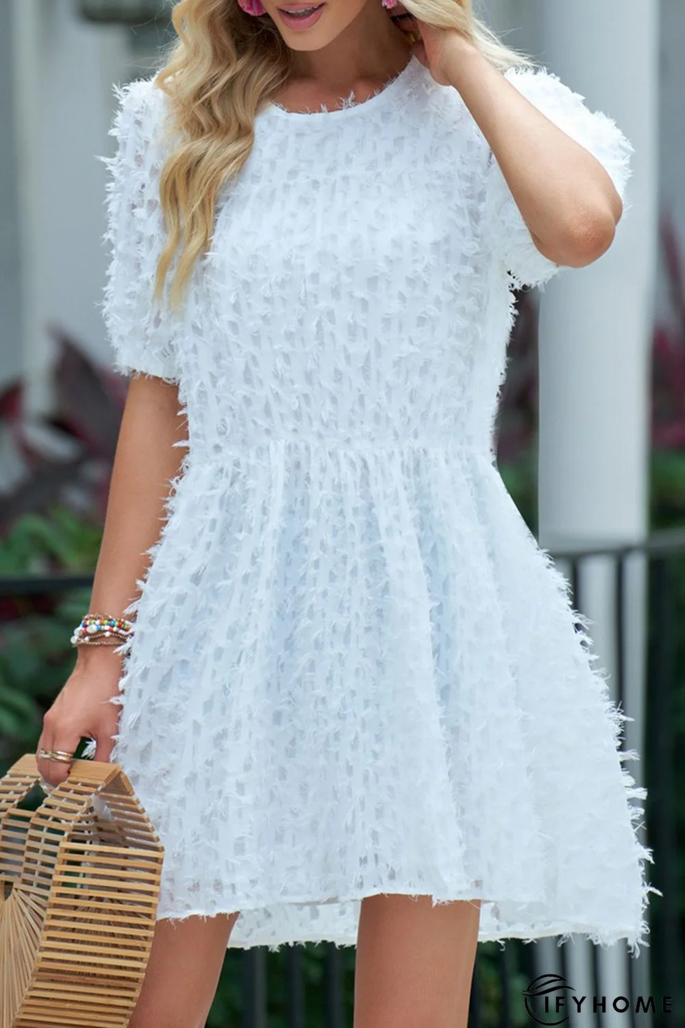 White Eyelash Chiffon Bubble Sleeve Mini Dresses | IFYHOME