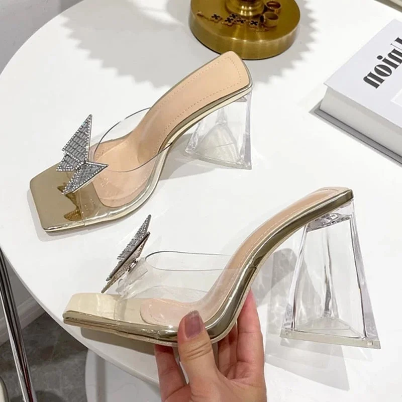 Fashion Rhinestone Bowtie Buckle Slippers Women Summer PVC Transparent Jelly Sandals Crystal Perspex Heels Ladies Dress Shoes