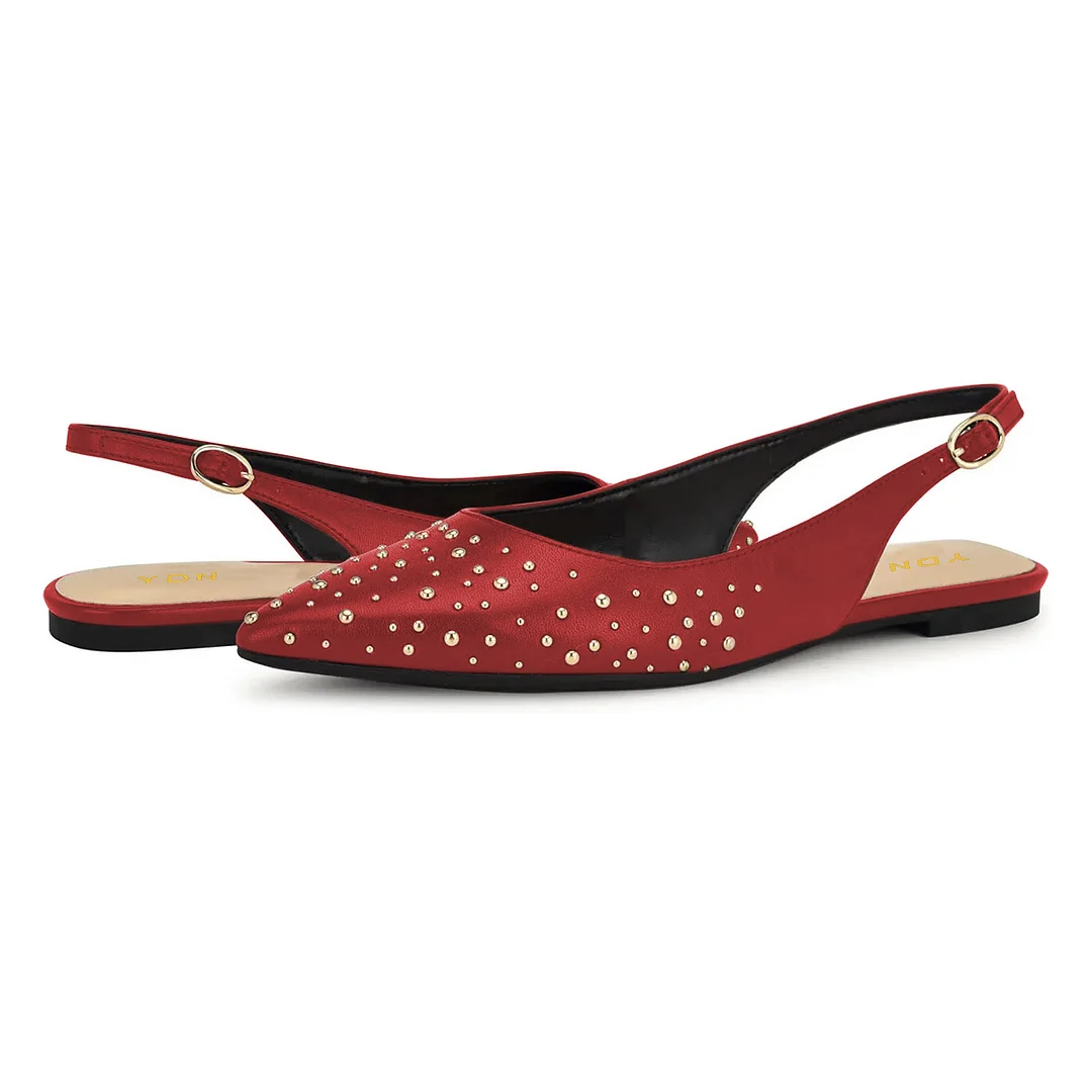 Chic Red Slingback Buckle Strap Pointed Toe Flats with Gold Studs