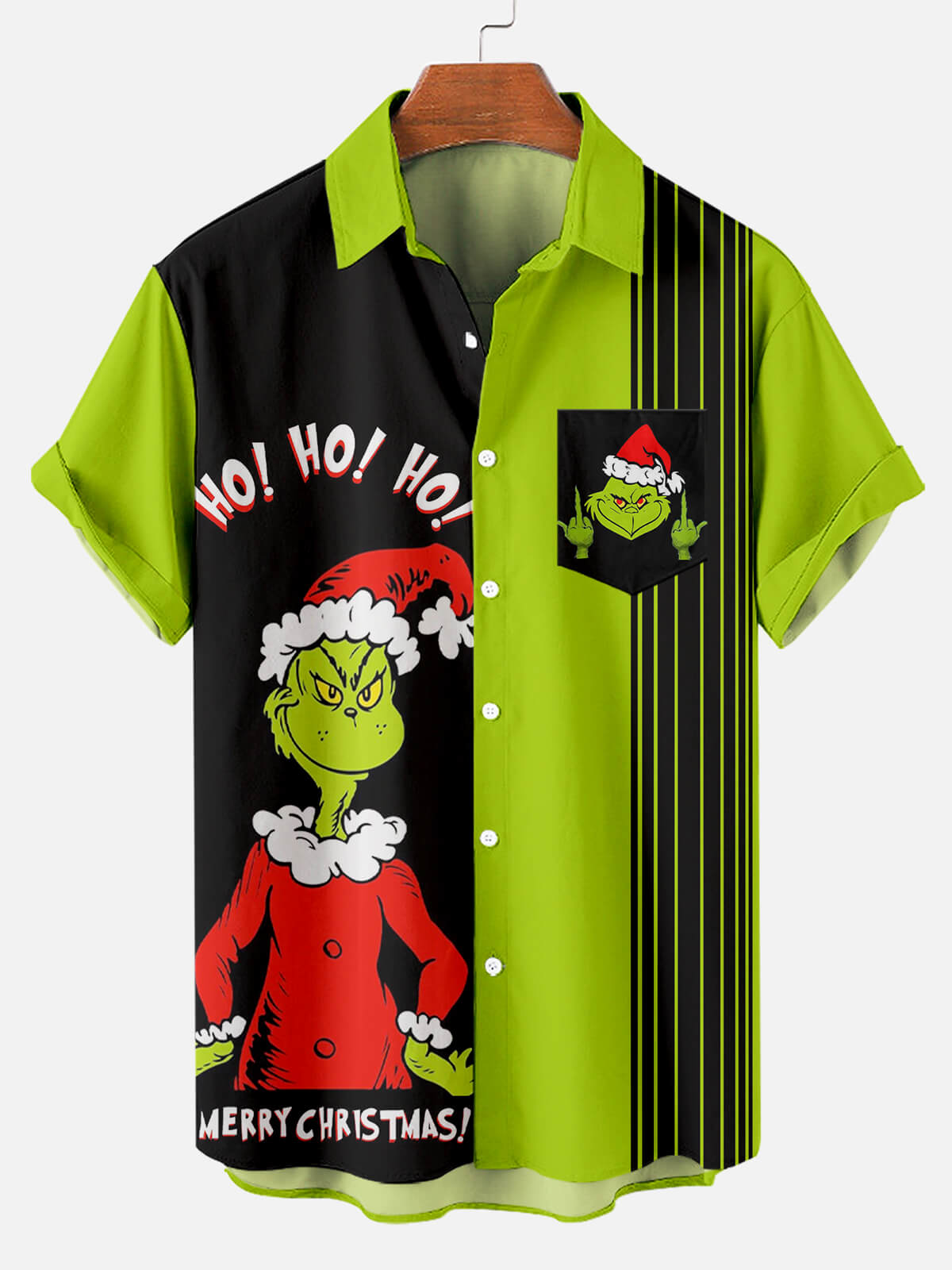 Men's Christmas Green Hair Monster HOHOHO Striped Pocket Short Sleeve Shirt PLUSCLOTHESMAN