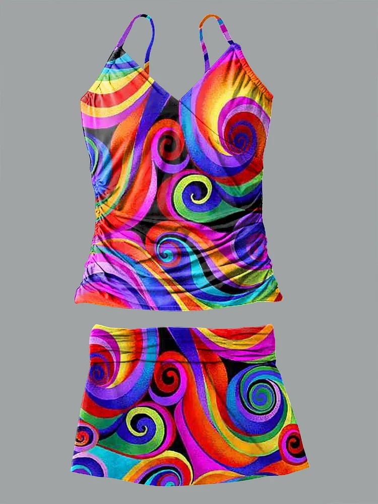 Abstract Colorful Striped Pattern Print Halter Dress Bikini V-Neck Set Swimsuit