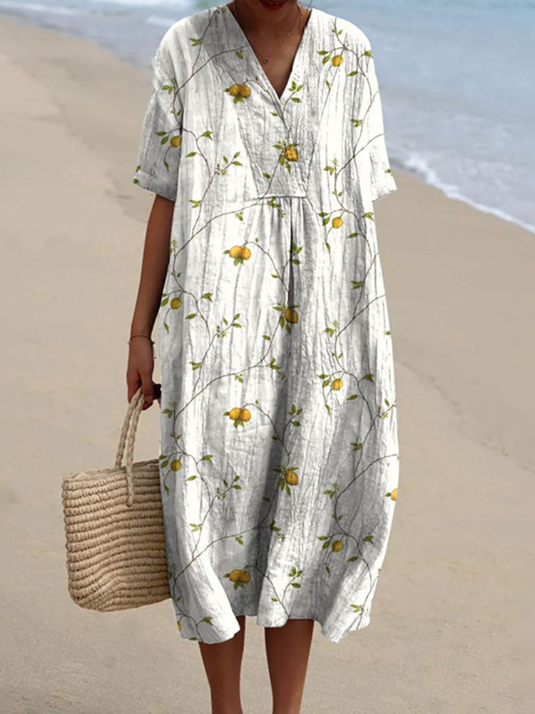 Comstylish Vintage Style Citrus Lemon Repeat Pattern Printed Flowy Dress