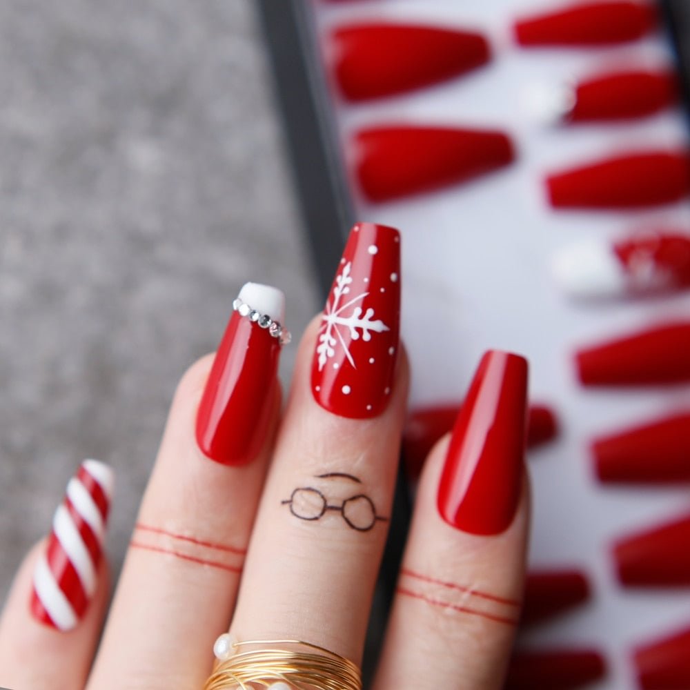 Christmas candycane Coffin False nails with box  Acrylic crystal DIY Style Art Fake nalis Tips Press on nails Snow Christmas hat