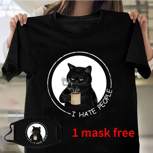 Halloween Cats Lover Shirt Funny Black Cat I Hate People Short Sleeves Coffee Shirts Graphic Tops Women O Neck T Shirts for Summer (1pc Mask Free) - Shop Trendy Women's Clothing | LoverChic