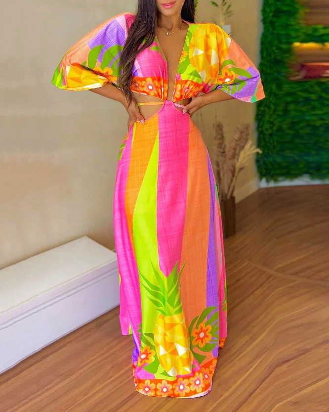 V-Neck Cutout Color Panel Print Dress