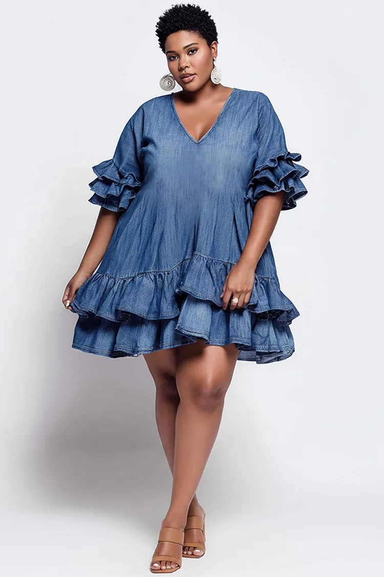 plus size denim ruffle dress Plus Size Blue Daily Denim Puff Sleeve Babydoll Dress Mini Dress