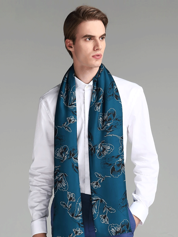 Echarpe en soie avec laine imprimé floral bleu foncé 1033161101 homme 30*180-Soie Plus