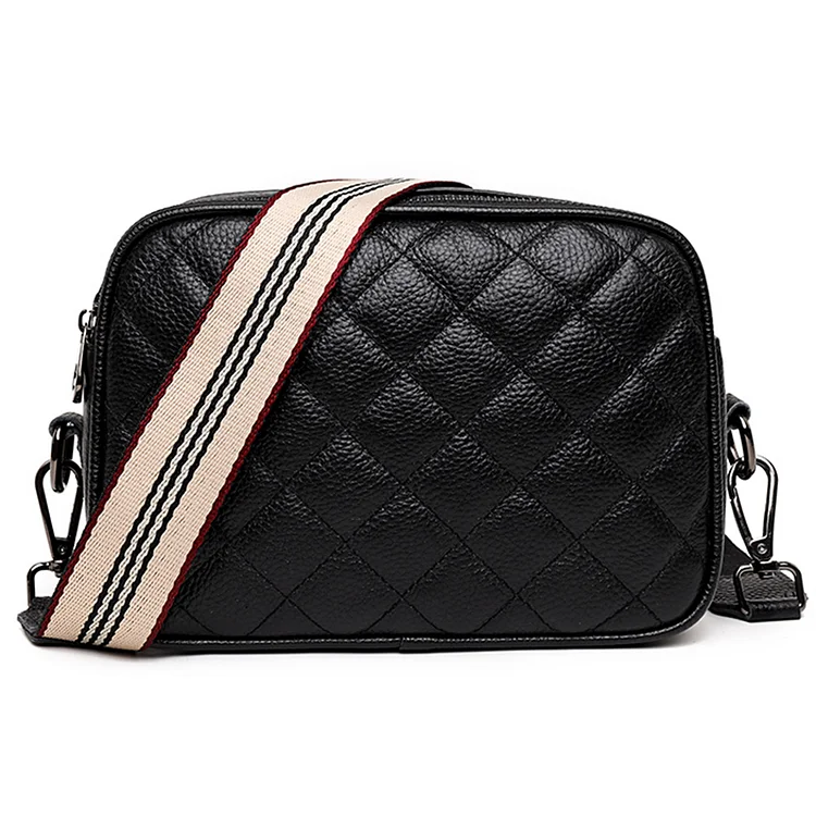 Genuine Leather Crossbody Bags Lattice Double Layer Women Shoulder Bags (Black)