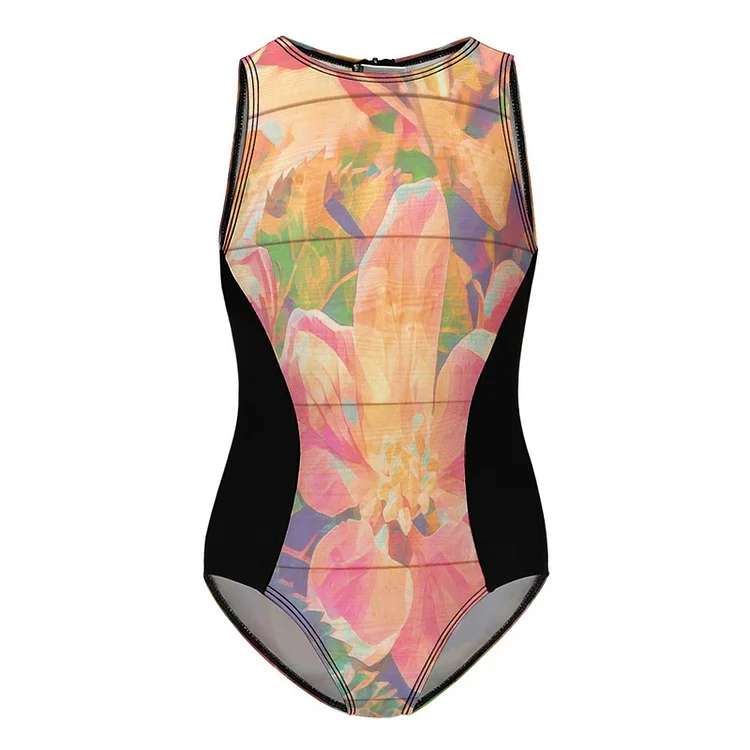 Girls' One-Piece Swimsuit Oil Painting, Flowers, Wood Engraving