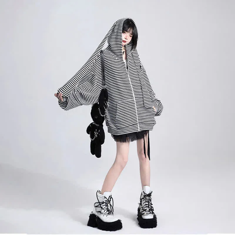 Long Bunny Ears Pocket Oversize Zipper Hooded Sweatshirt