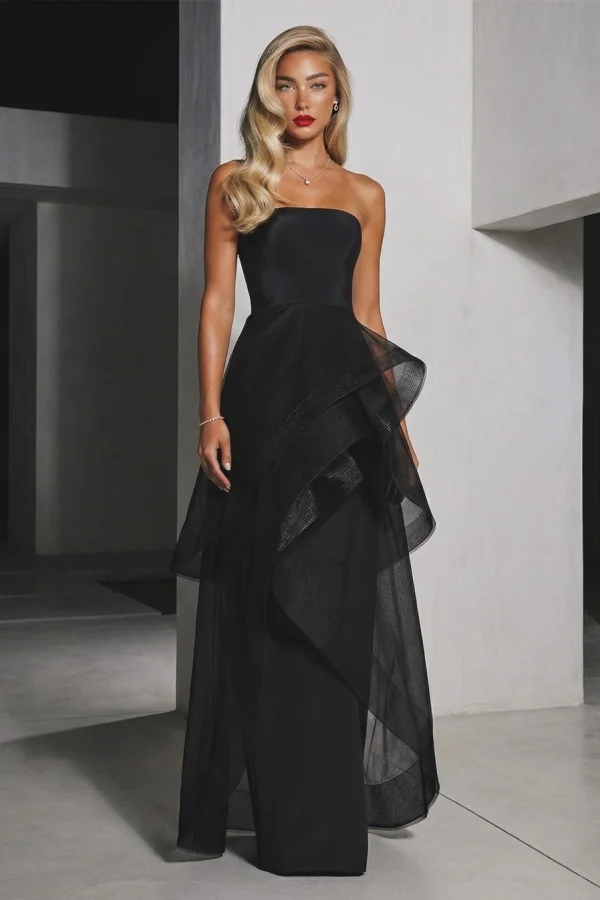 Lussooy Fashion Black Sleeveless Strapless Evening Dress Floor Length with Tulle