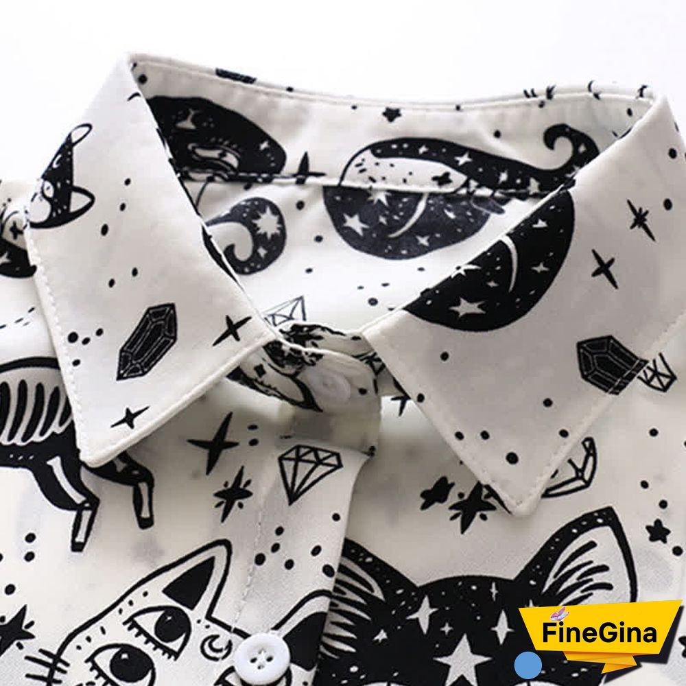 Kitty Print Long Sleeve Lapel Chiffon Shirt