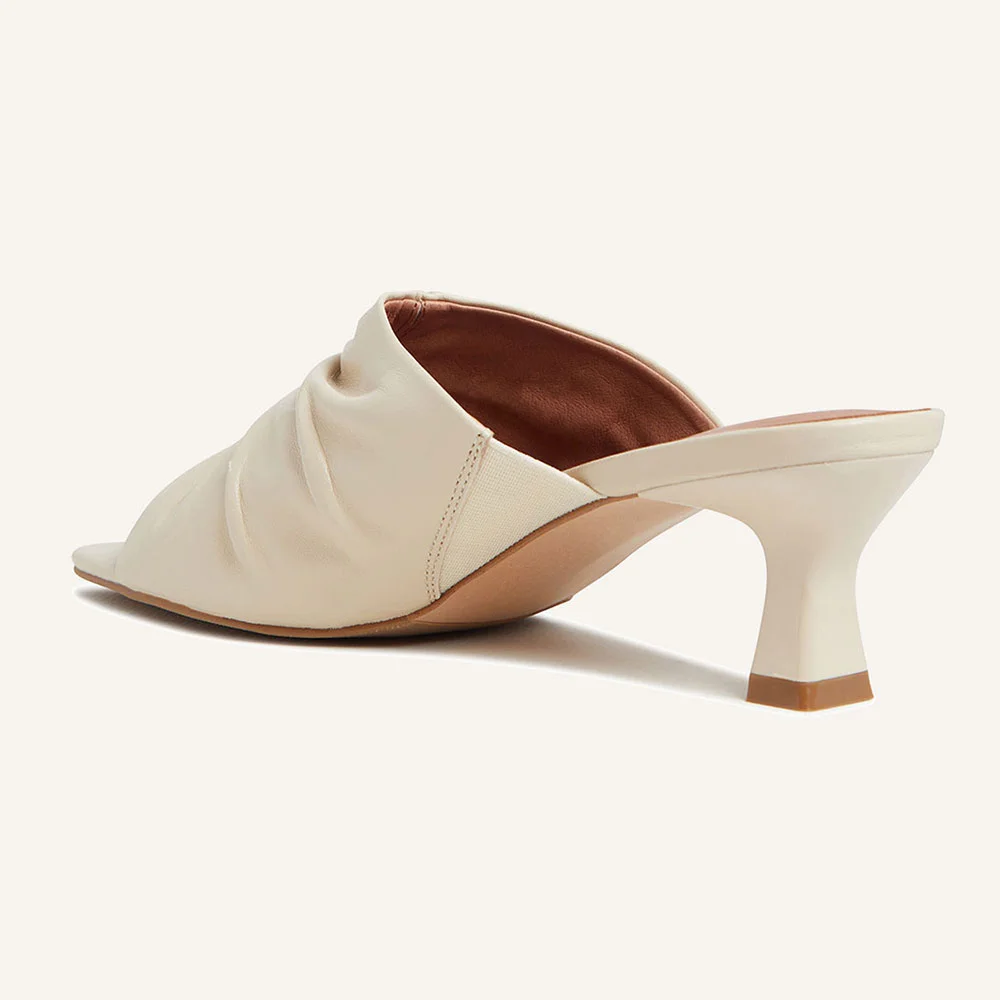 Elegant Ivory Open Square Toe Pleated Spool Heel Mules Sandals