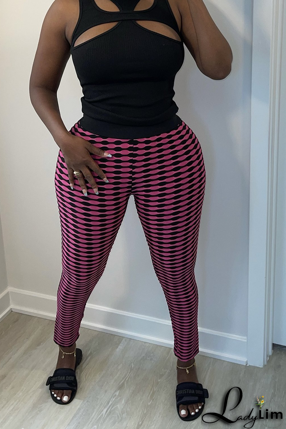 Blue Sexy Print Fold Skinny High Waist Pencil Full Print Bottoms